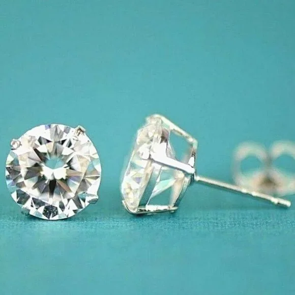 Solid 14k White Gold Heavy Basket Set Earrings w/AAA Quality White Stone Sz 9mm